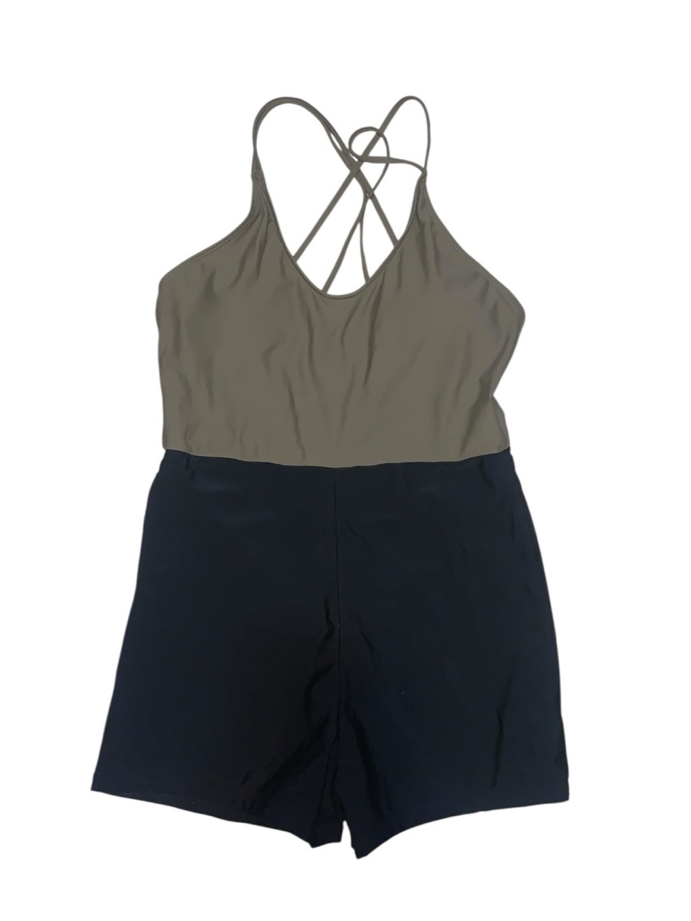 Woman’s Medium Olive Green & Black Crisscross Back One-Piece Boyshort Swimsuit